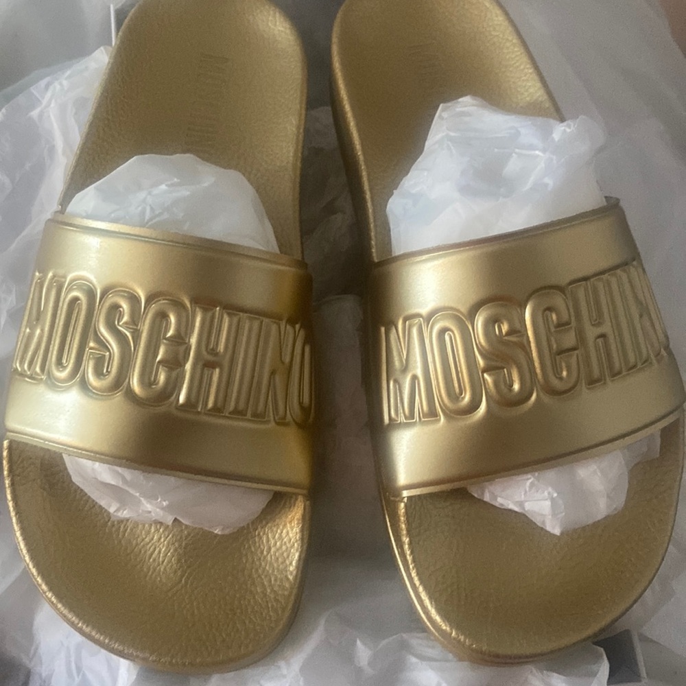 Gold Moschino Slides